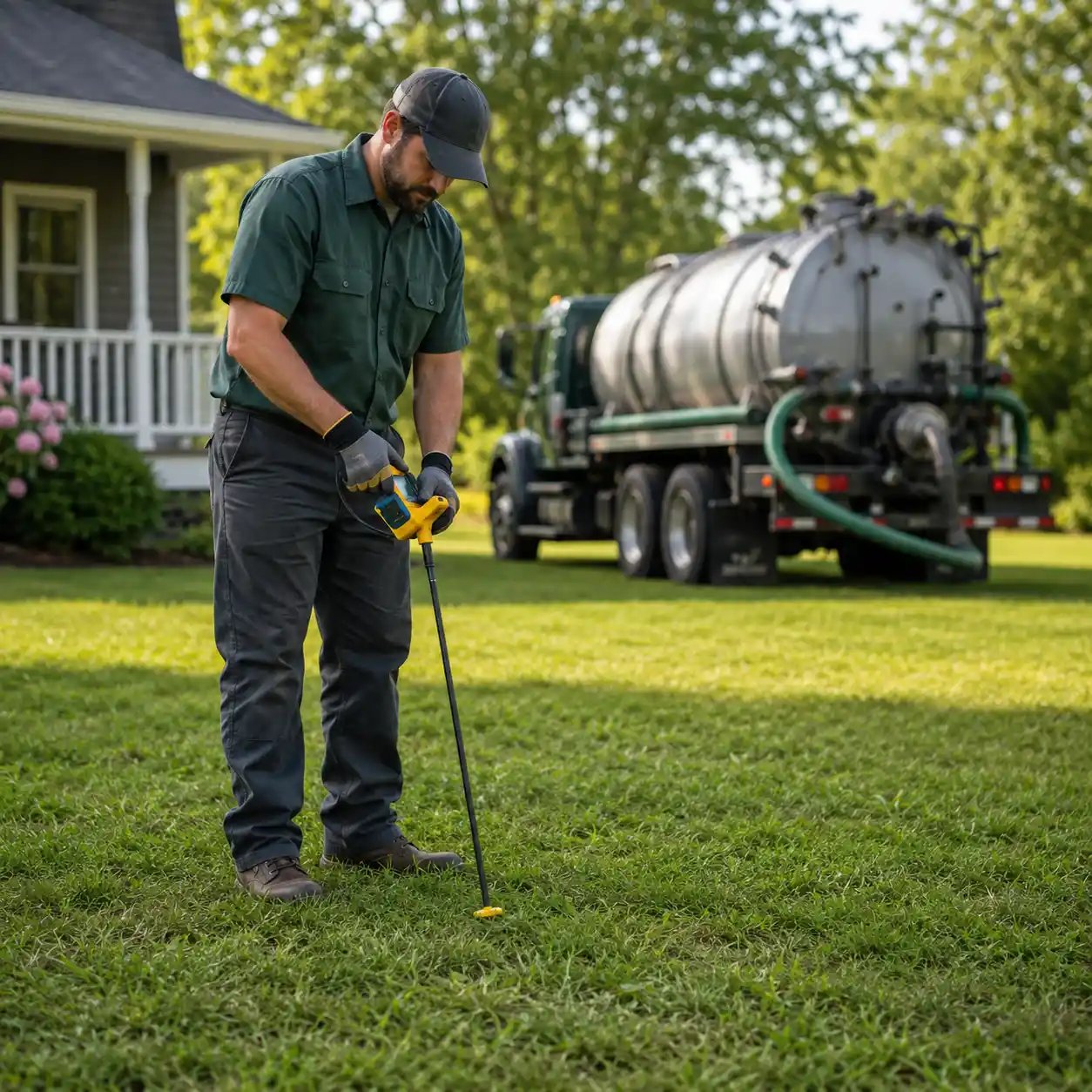 Septic contractor inspecting the lawn over a drain field near Columbia, SC