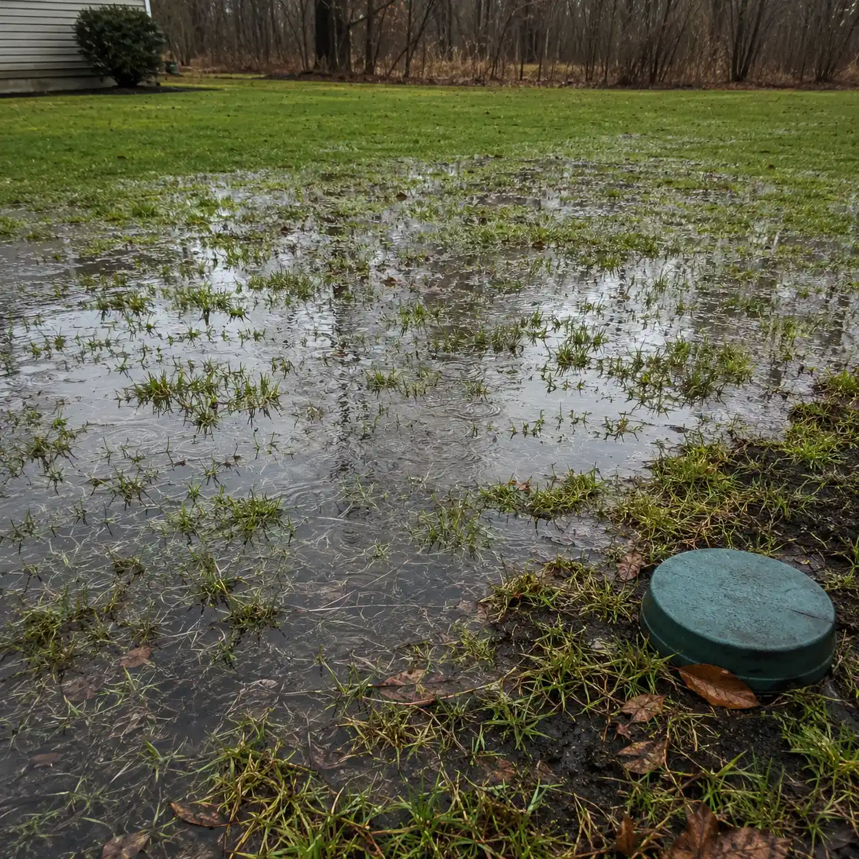 Soggy, saturated backyard over a failing septic drain field near Columbia, SC