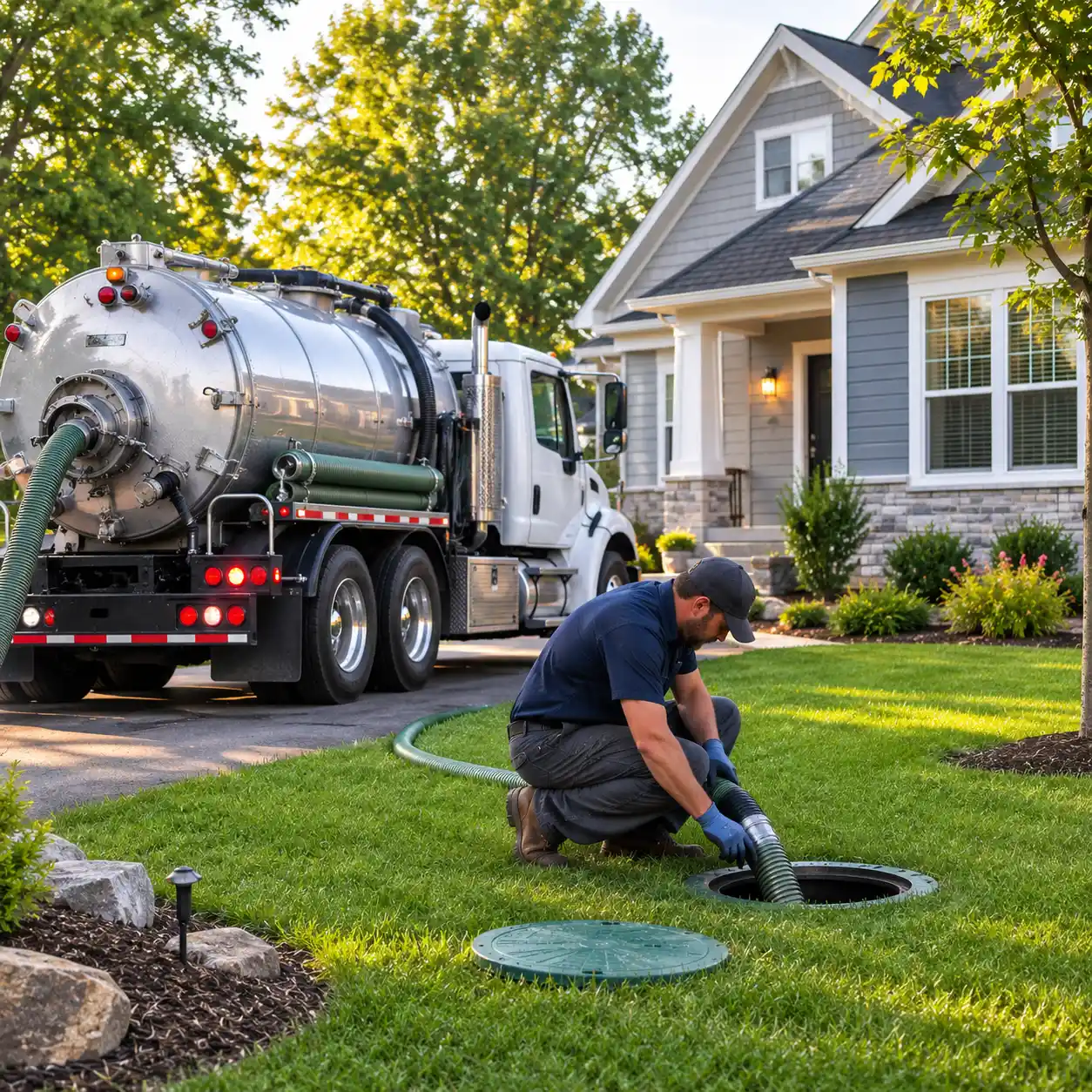 Septic pumping truck servicing a tank in a front yard near Columbia, SC