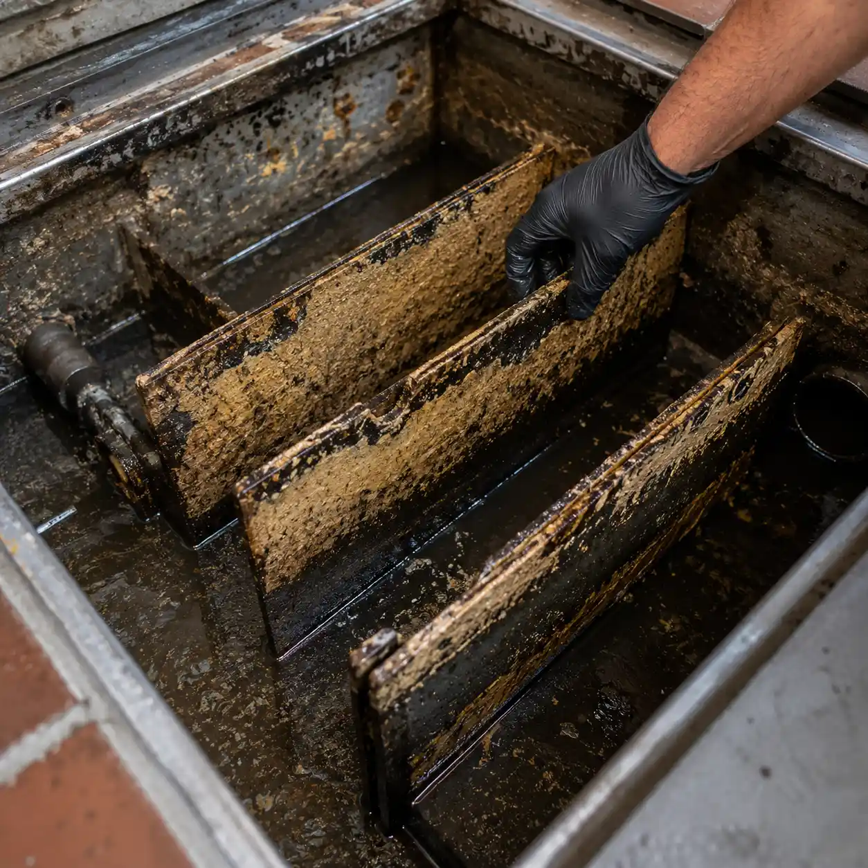 Grease trap baffles being inspected during a commercial service visit