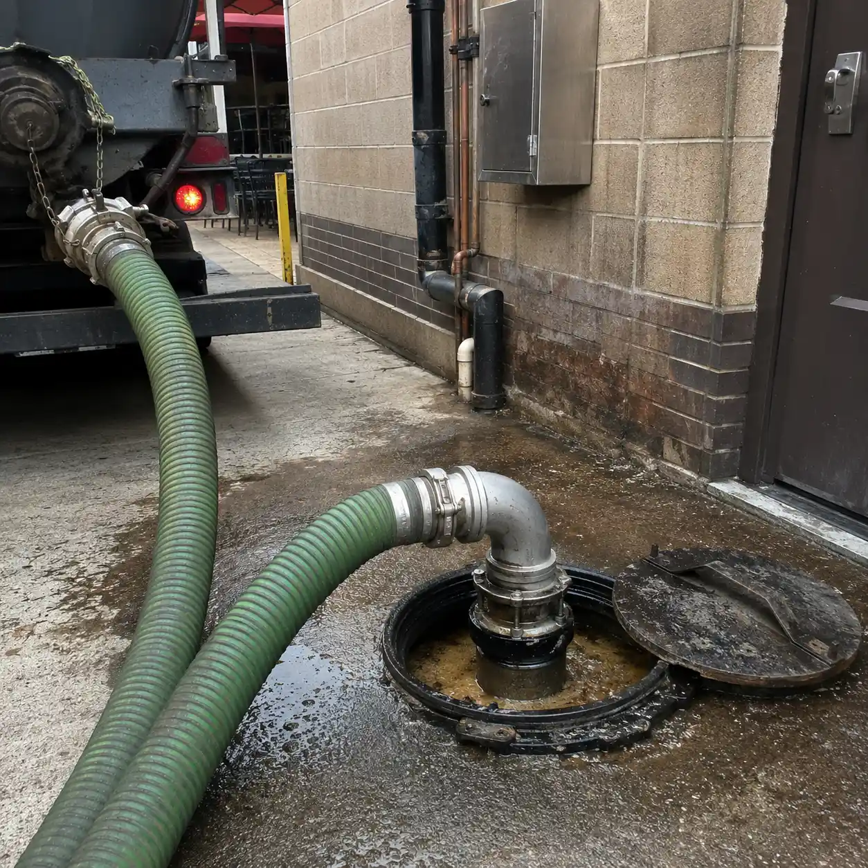 Grease trap pumping hose connected during commercial service near Columbia, SC