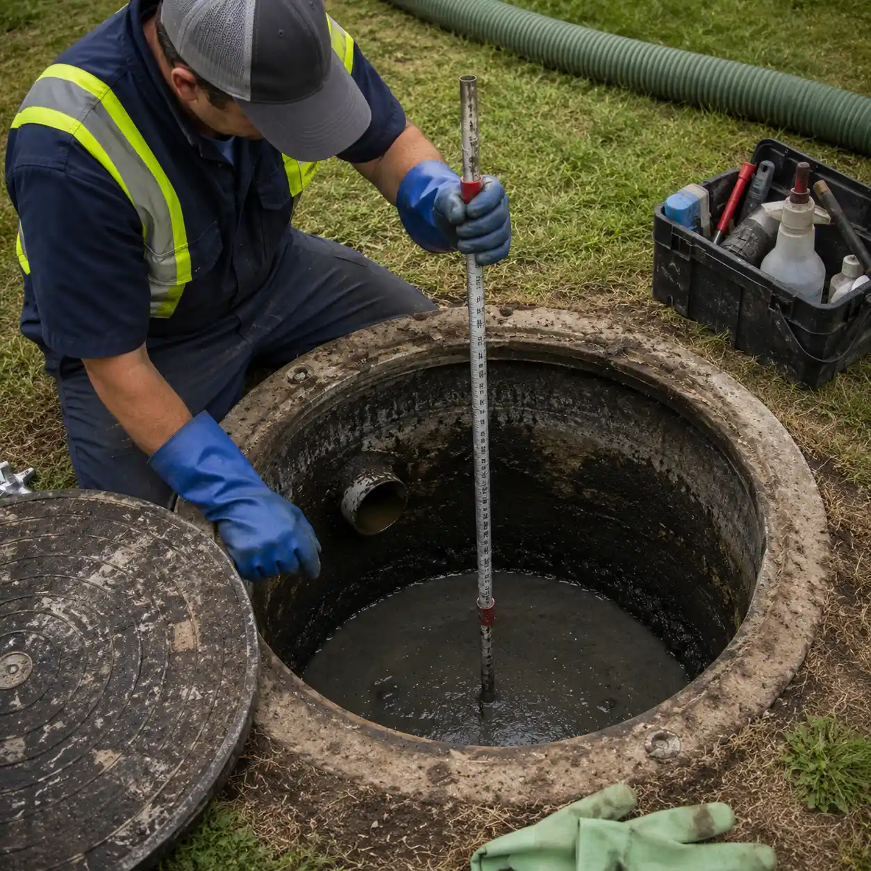 Septic inspector checking a drain access point near Columbia, SC