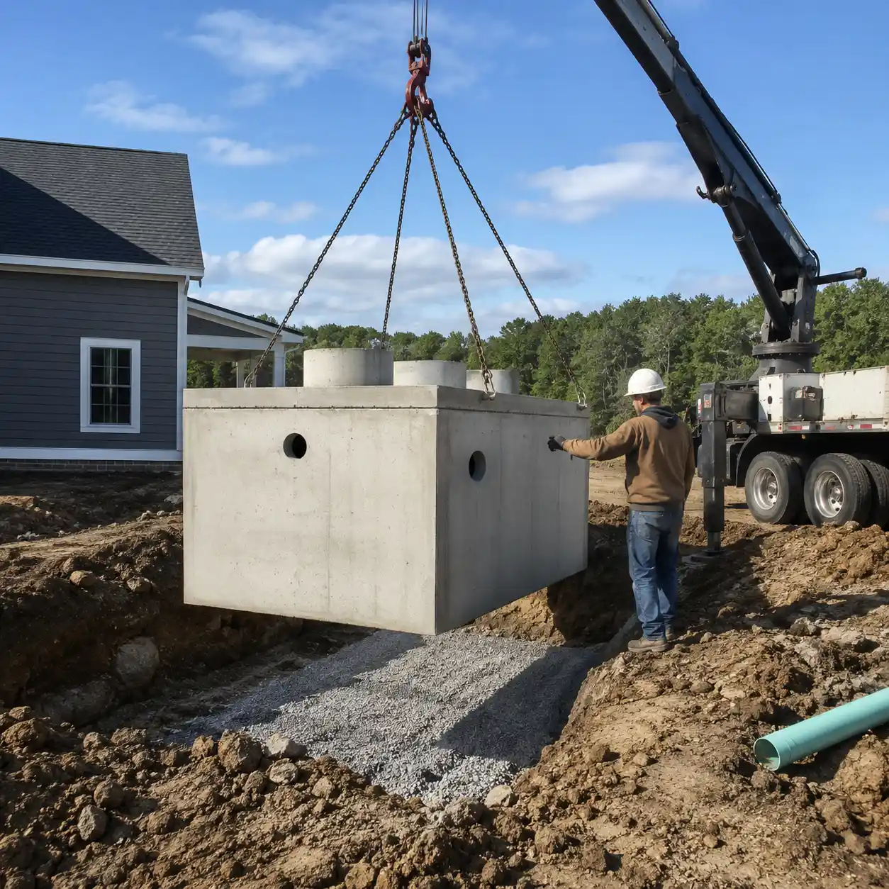 New septic tank being lowered into place near Columbia, SC