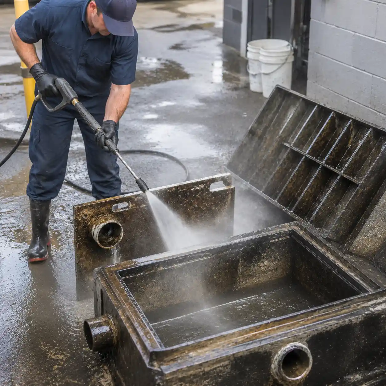 Grease trap being pressure washed at a commercial kitchen near Columbia, SC