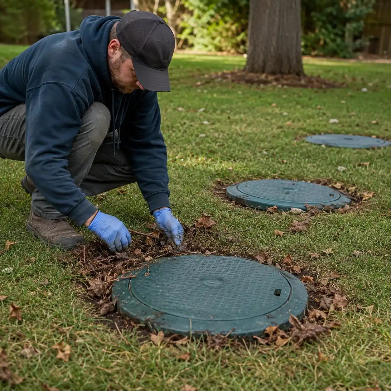 Columbia Septic Services technician with septic tank access lids
