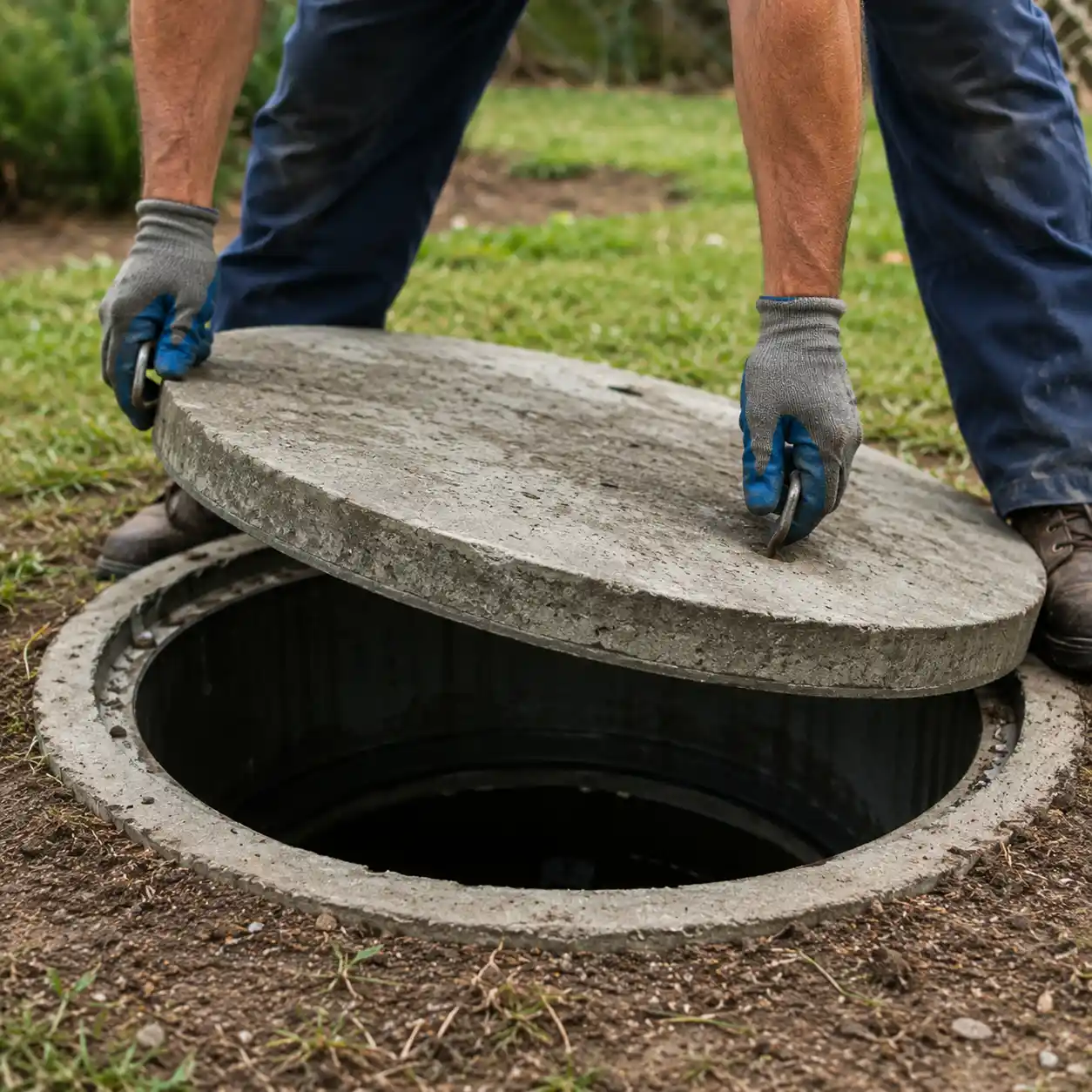 Septic contractor removing a tank lid for a commercial cleaning visit