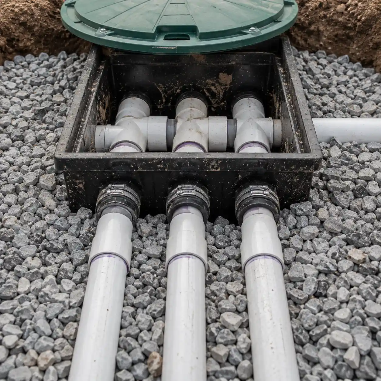 Septic drain field piping exposed during service near Columbia, SC