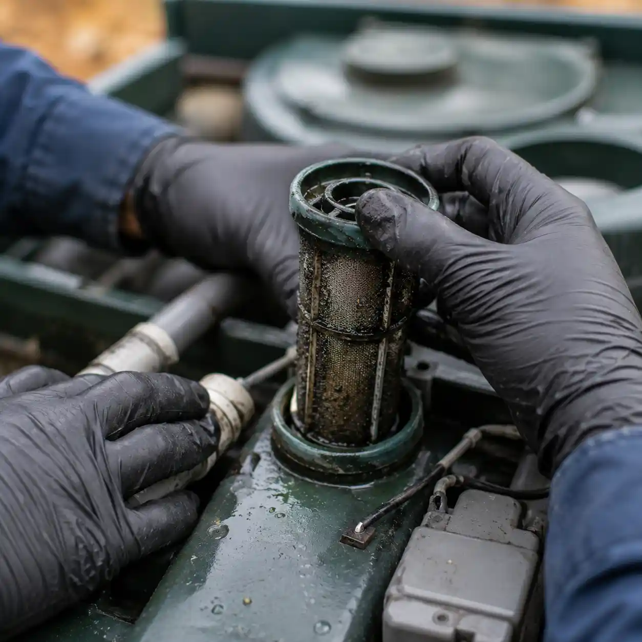 Septic effluent filter being cleaned of hardened buildup