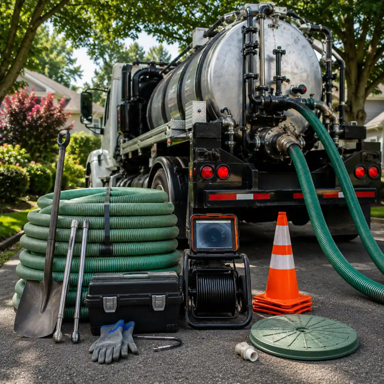 Septic pumping hose connected to a tank during a cleaning visit