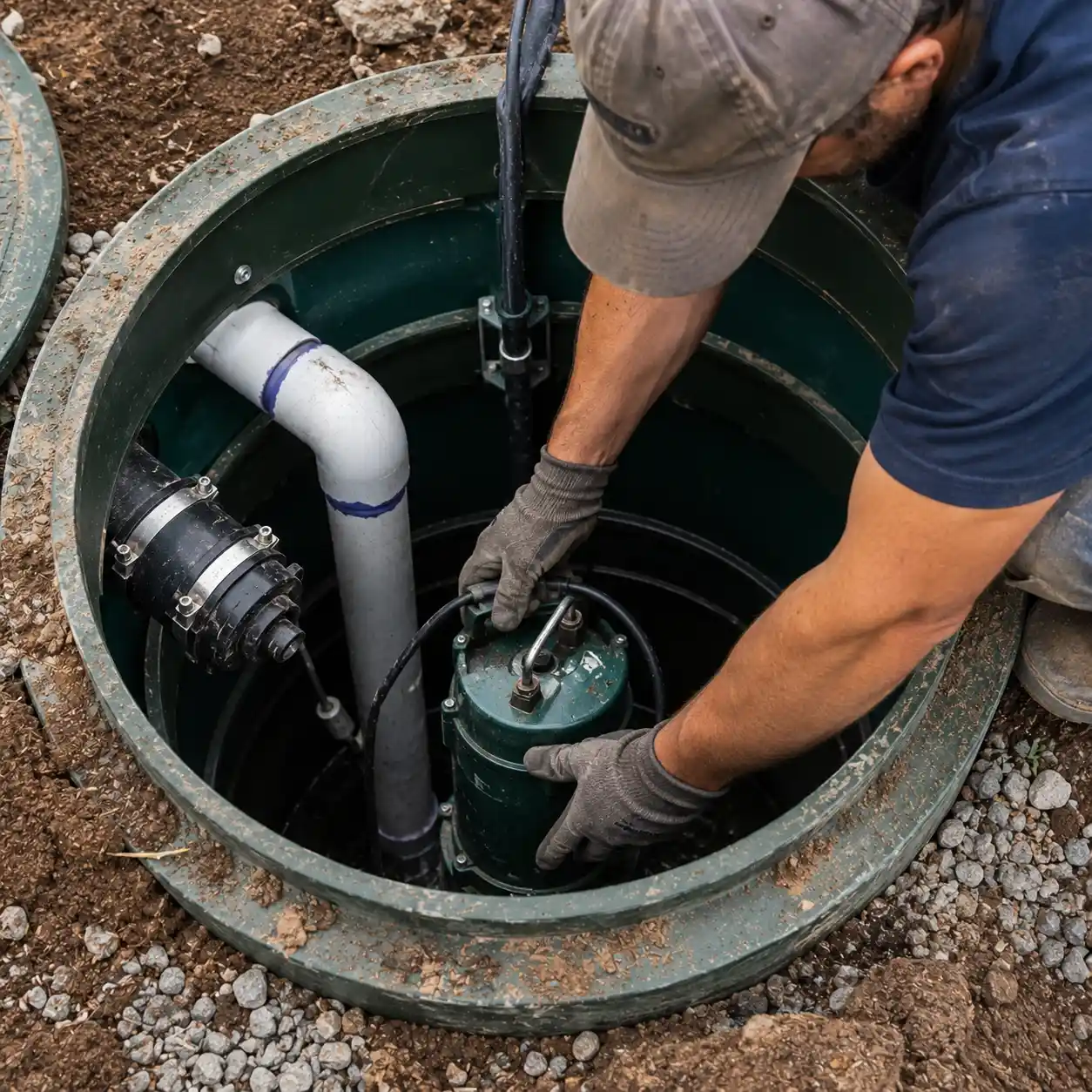 Technician servicing septic tank components near Columbia, SC