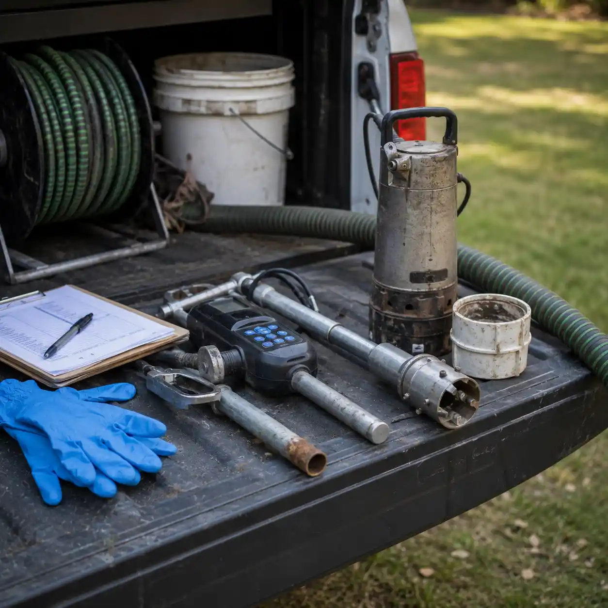 Tools used for a commercial septic pumping visit